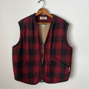 Vintage Fila Wool Blend vest Lumberjack Outdoor Sherpa plaid Zip Pockets S red